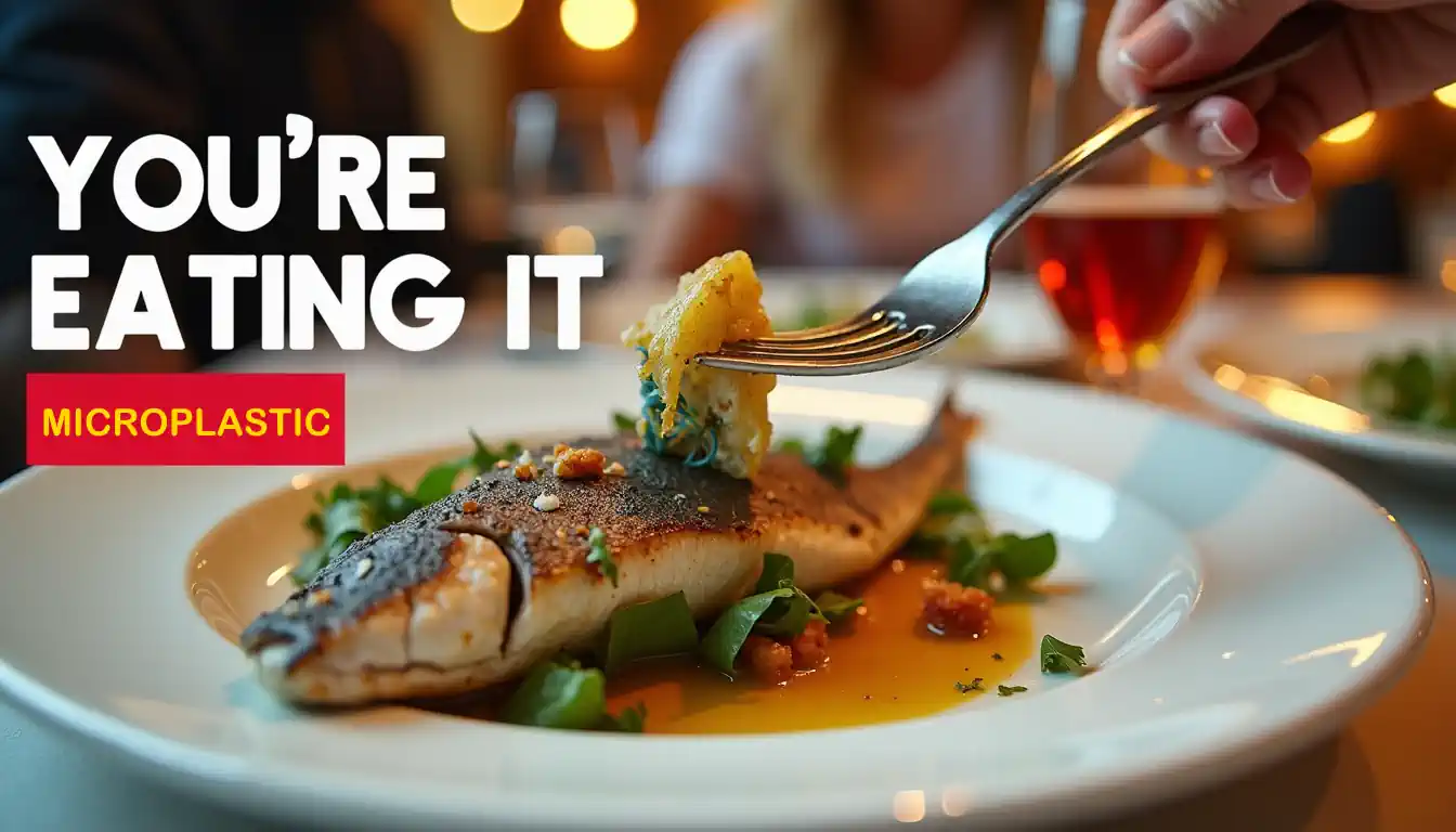 Image with a fish on a plate Text - Microplastic You're Eating It.