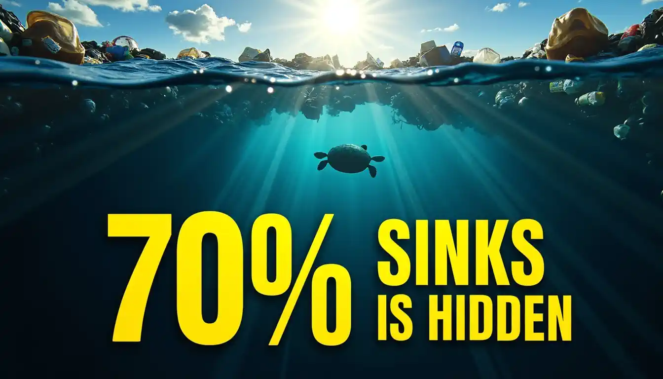 Image with text - 70% of ocean plastic sinks is hidden.