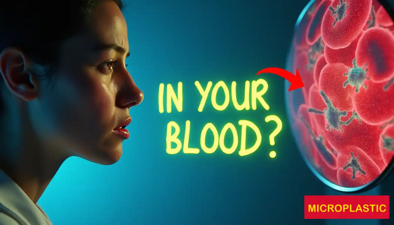 Woman looking at magnified blood cells - Text - Microplastic in Your Blood.
